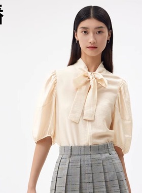 播花式衬衫2023秋商场同款灵动飘带复古灯笼袖女BDQ3HD0244