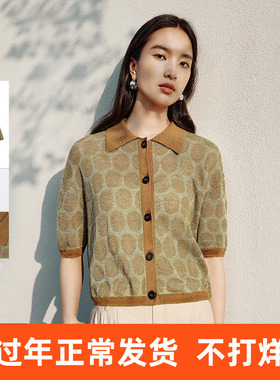 【100%麻】播复古翻领针织女夏商场同款提花短袖上衣BDR2UD0907