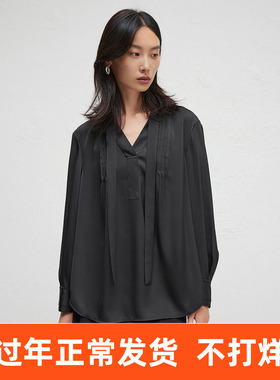 播商场同款黑色V领显瘦衬衫女24春秋通勤宽松衬衣BDR3CD1746