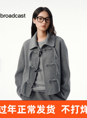 播翻领牛角扣短款灰色毛呢外套女25秋冬新款宽松上衣DDS4AD5284