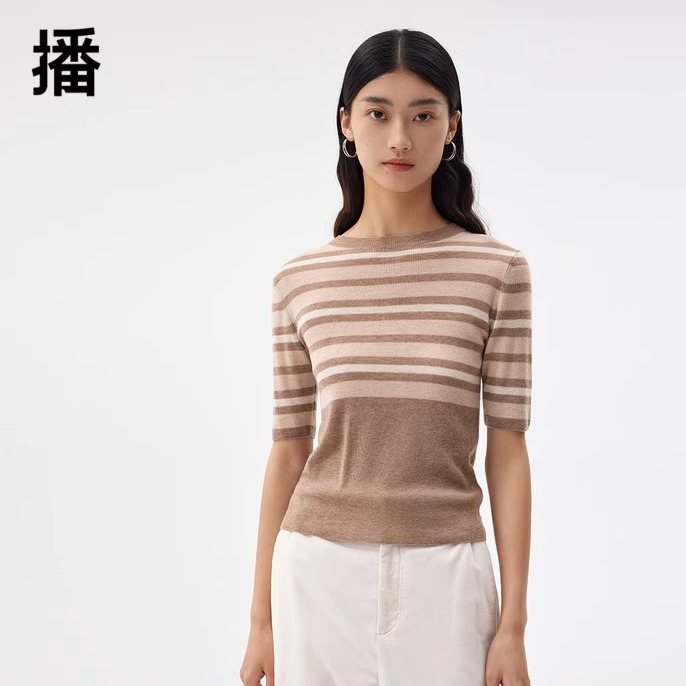 播针织衫2023秋商场同款罗纹领口撞色条纹毛衫女BDQ3SD0455