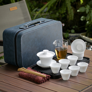 便捷旅行陶瓷茶具盖碗玻璃冲茶器 德化器记白瓷功夫茶具小茶盘套装