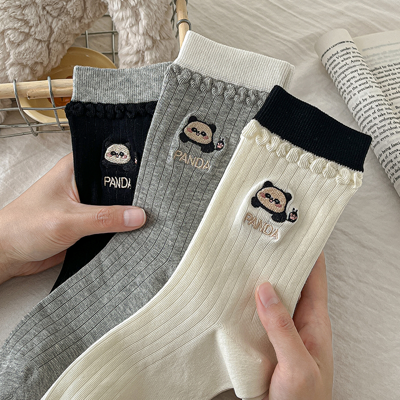 【3双装】春季搭配手包可爱刺绣熊猫泡泡口女中筒~好看