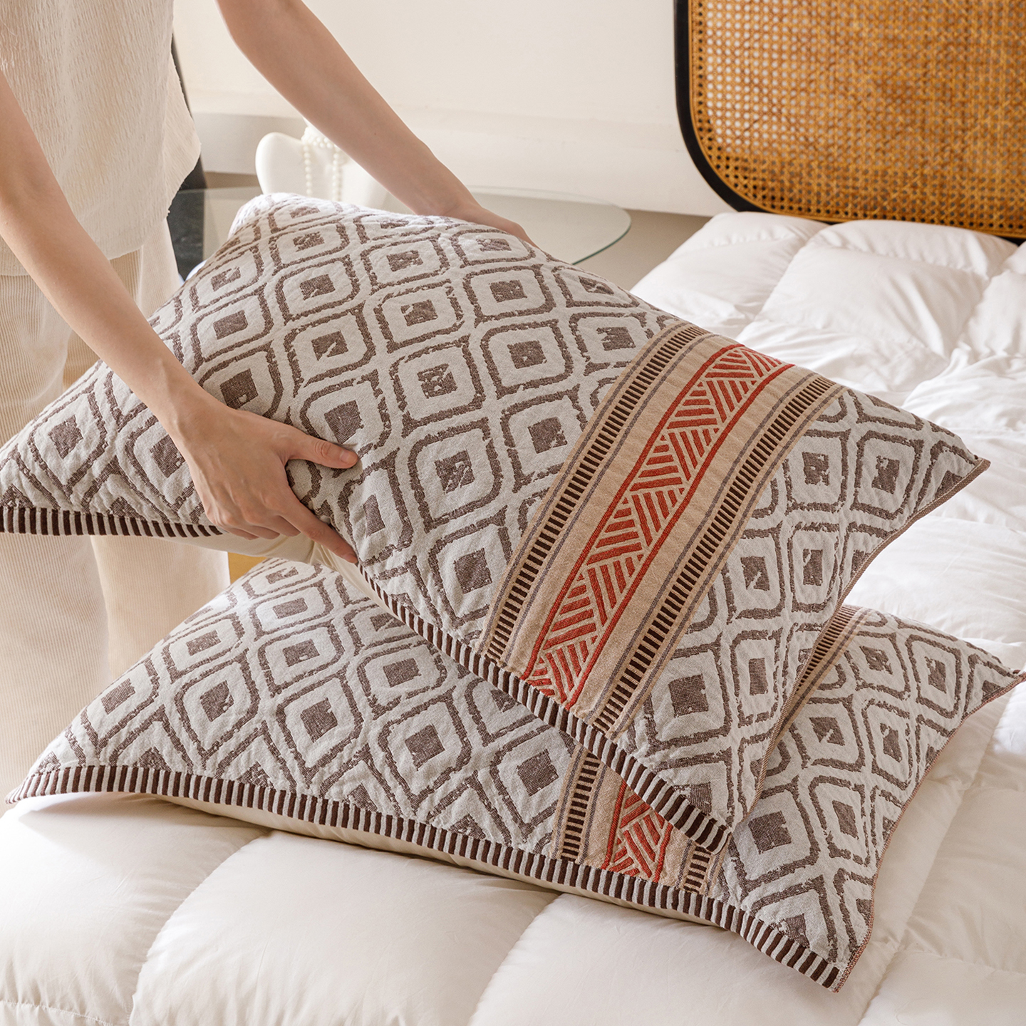 纯棉色织四层纱布枕巾一对拍2