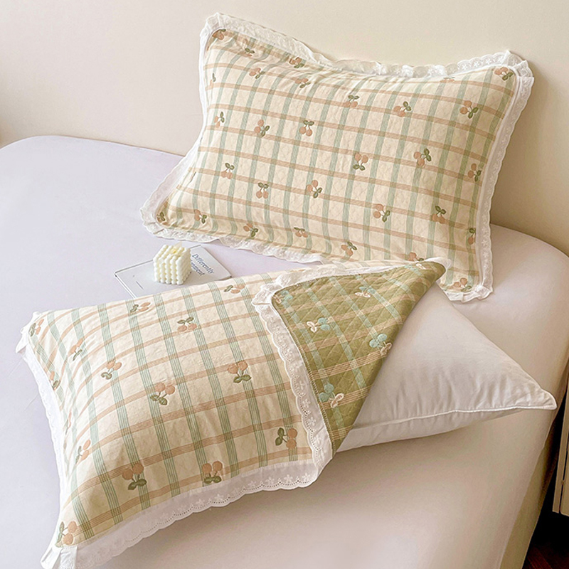 全棉四层纱布枕巾一对装花边款