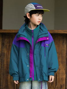 RS家男童外套2025冬季 撞色拼接冲锋衣立领外套中大儿童保暖外套