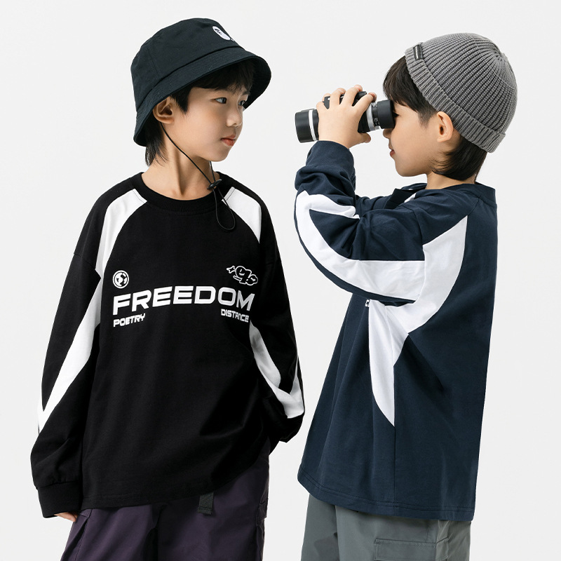 RS家男童长袖T恤秋季日系拼接撞色5A抗菌宽松纯棉中大儿童潮酷t恤