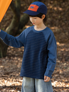 RS家男童长袖 中大童儿童保暖T恤潮 T恤2025秋冬加绒条纹插肩打底衫