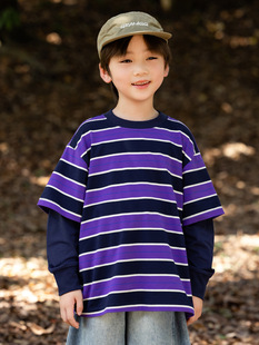 T恤宽松儿童T恤 中大童条纹假两件长袖 RS家男童长袖 T恤2025年秋季