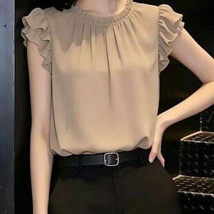 2026夏季新款雪纺衫木耳圆领短袖女宽松显瘦遮肉通勤百搭气质小衫