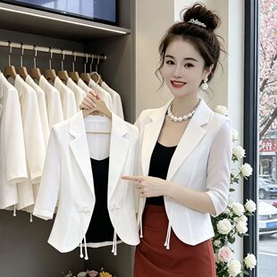 新中式气质小西装外套女新款盘扣时尚复古网纱拼接外搭小开衫上
