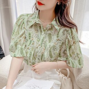 泡泡袖碎花雪纺衬衫女士春夏季2026年新款收腰上衣设计感小众法式