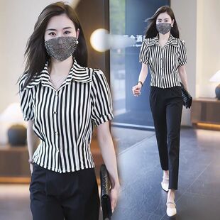 衬衫女简约条纹休闲宽松上衣夏季新款时尚洋气翻领短袖雪纺小衫