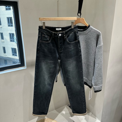 INTROVERT 韩版时尚水洗做旧加绒牛仔裤男宽松直筒微锥休闲长裤潮