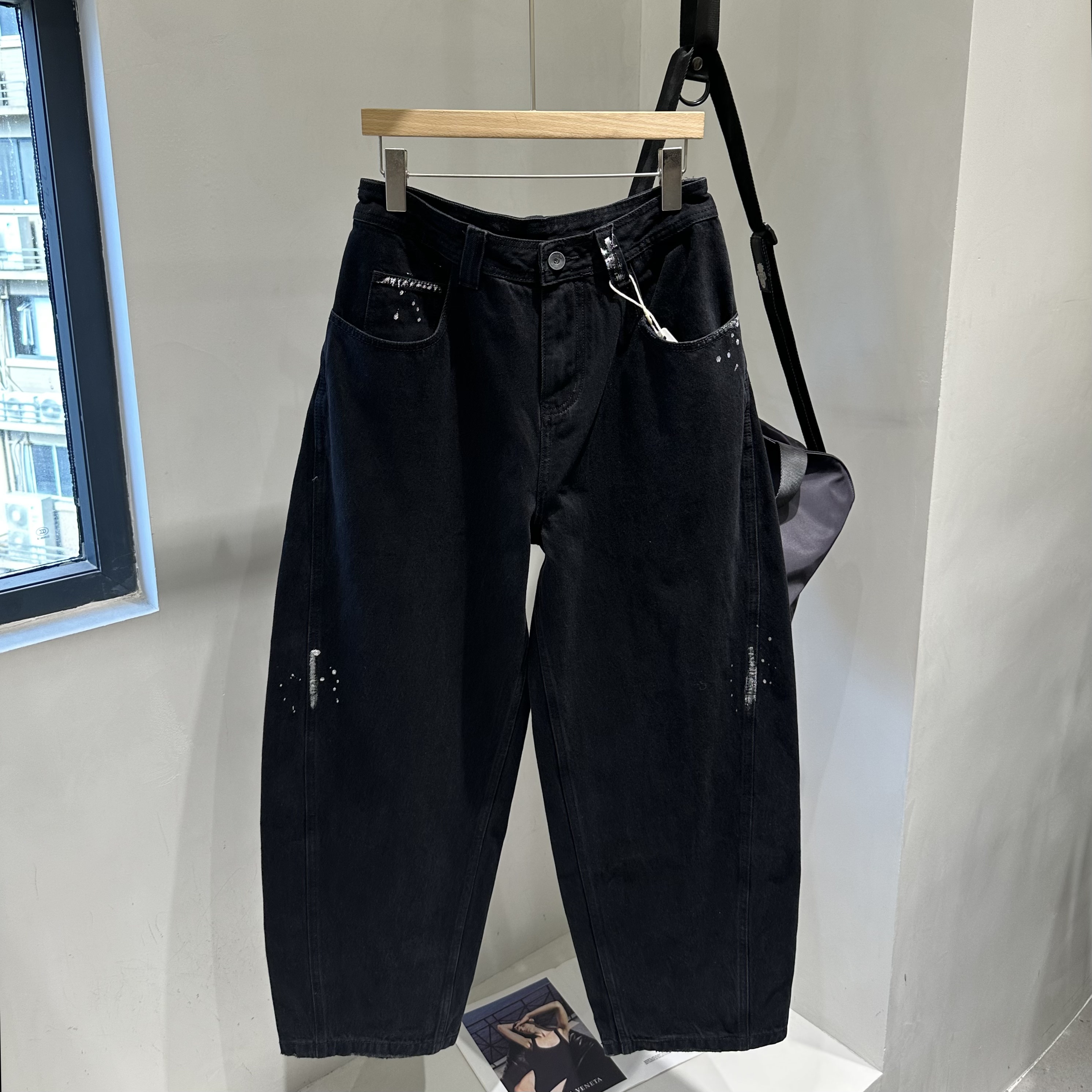 INTOVERT 美式漆点直筒百搭宽松弯刀裤cleanfit牛仔裤男磨边长裤