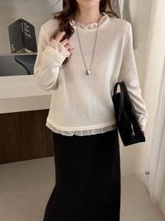 2025冬季 韩系简约百搭圆领拼接蕾丝花边羊毛打底 新款