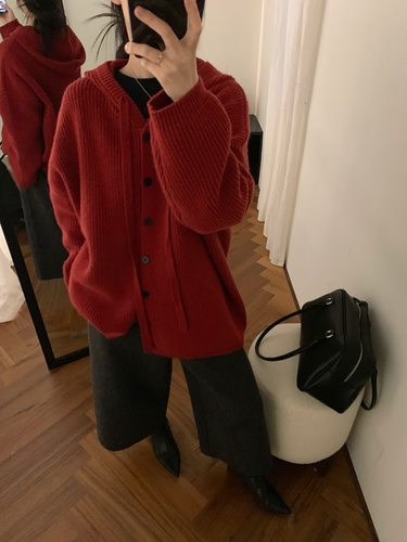 Dumpling 2025冬季新款韩系连帽纯色羊毛开衫