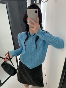 饺子家2025冬季 韩系简约百搭圆领套头麻花浣熊毛衣 新款