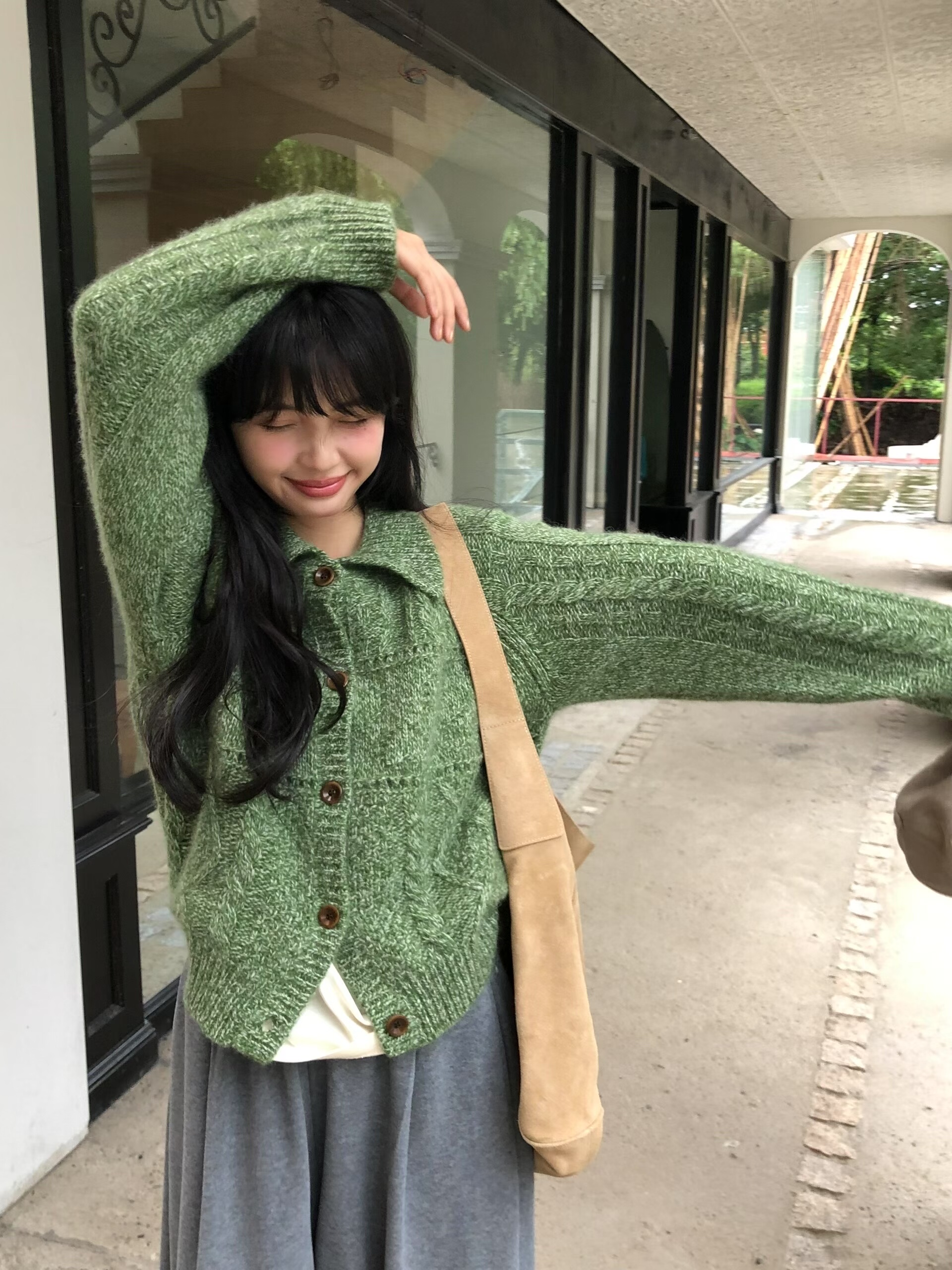 HONE2025秋季新款韩版时尚百搭显瘦翻领羊驼绒开衫