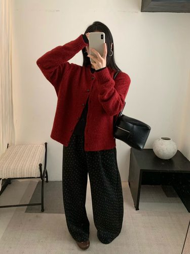 Dumpling 2025冬季新款韩系简约百搭圆领花纱全羊毛开衫