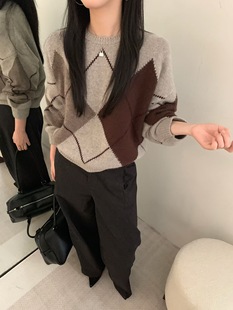 韩系简约百搭圆领菱格羊毛套头毛衣 新款 Dumpling 2025冬季