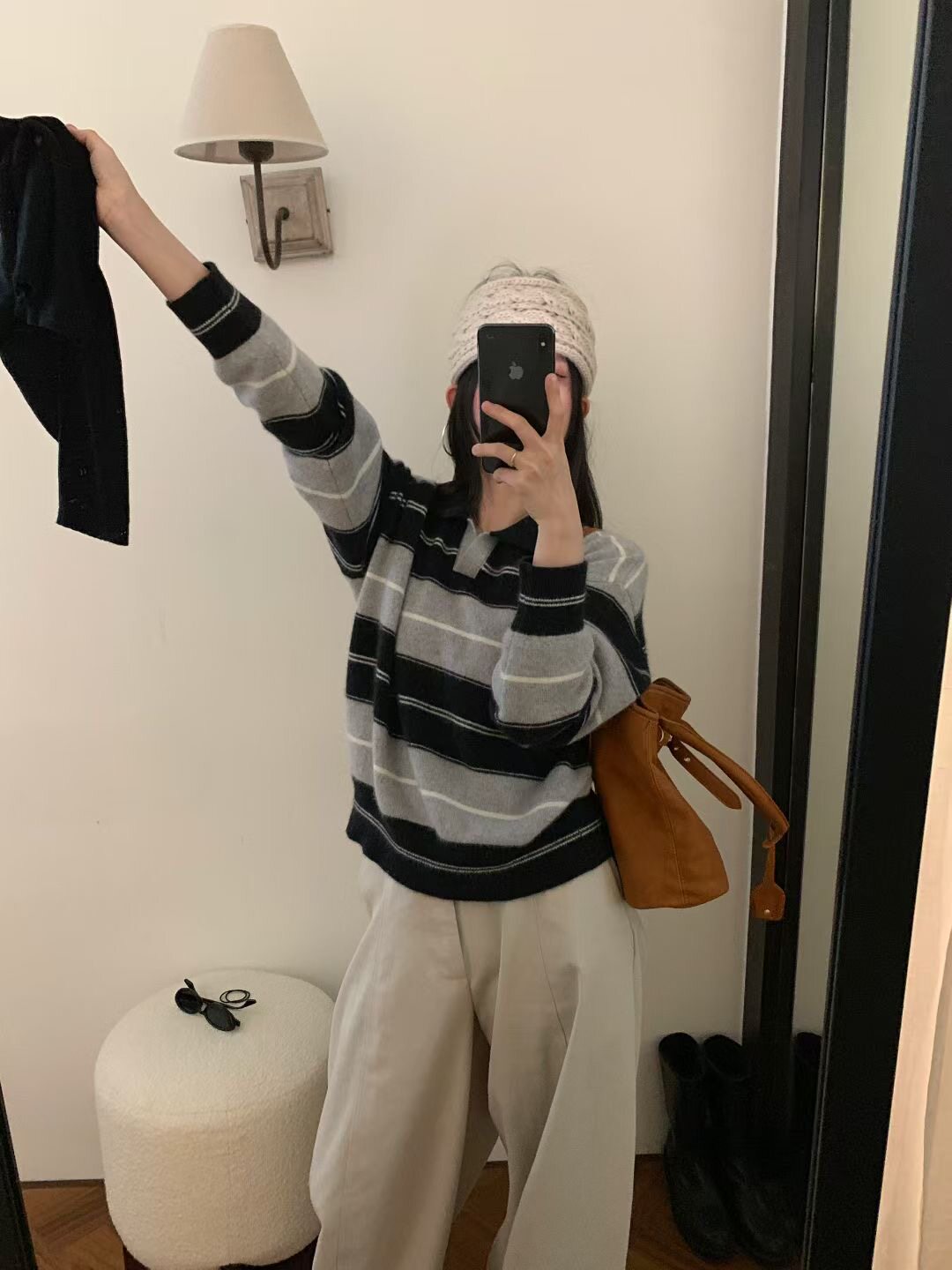 Dumpling 2025秋季新款百搭山羊绒浣熊条纹羊毛polo衫