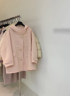 Amidi 2025冬季新款韩系简约百搭连帽牛角扣羊毛大衣