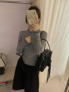 2025秋冬新款 韩系简约百搭圆领花边羊毛打底