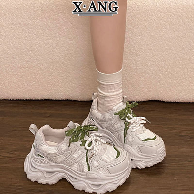 现货~厚底7cm小个子女鞋系带老爹鞋女款网面透气休闲运动鞋子