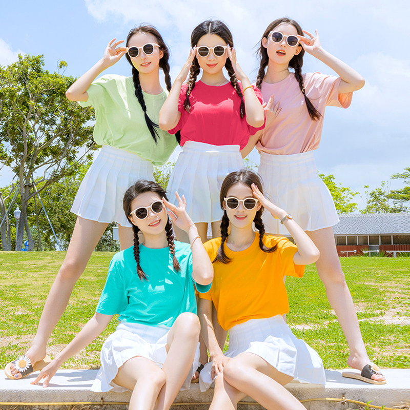 夏季短袖套装t恤女彩色糖果色体恤姐妹闺蜜装聚会班服演出服定制