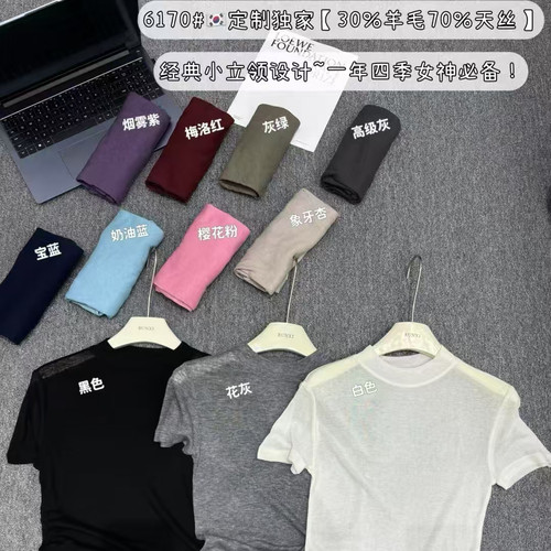 天丝羊毛短袖女春夏显瘦小立领