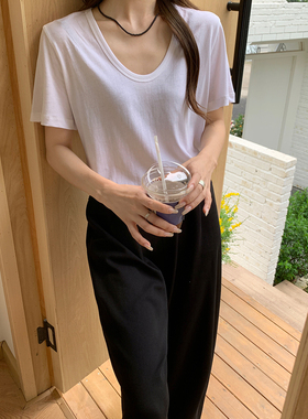 闰熙runxi4122-5白色u领锁骨短袖T恤2024年夏季休闲宽松上衣纯色t