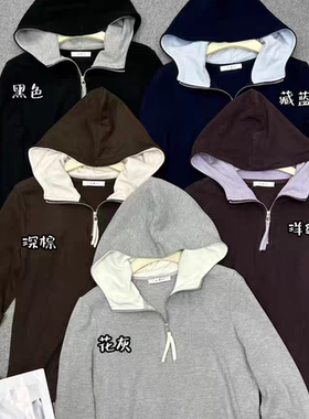 闰熙CECLLIA5084-7定制棉加厚保暖连帽长袖T恤打底衫女半拉链上衣