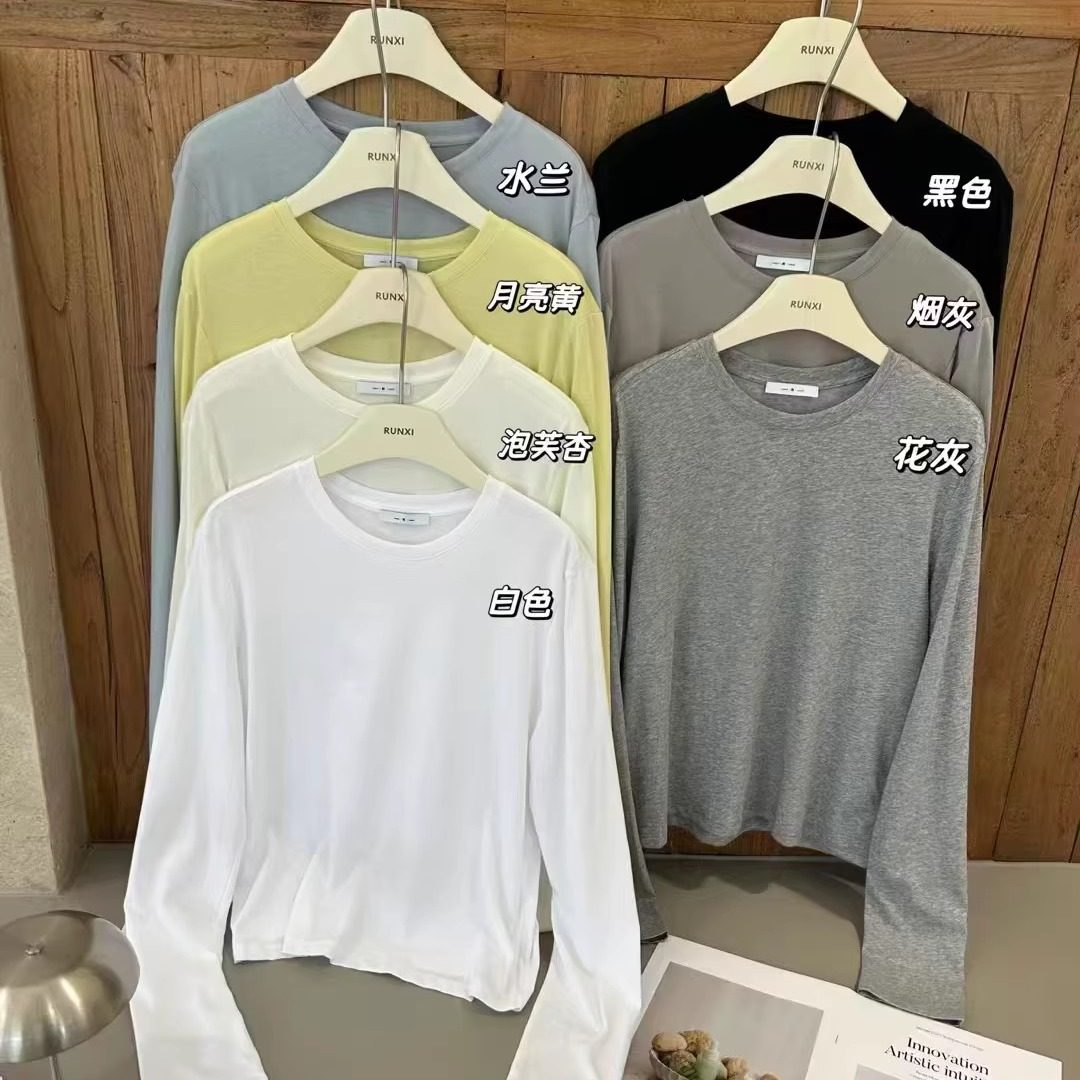 闰熙家3032-5定制水洗棉正肩圆领短款长袖T恤上衣女25秋贝壳扣t恤