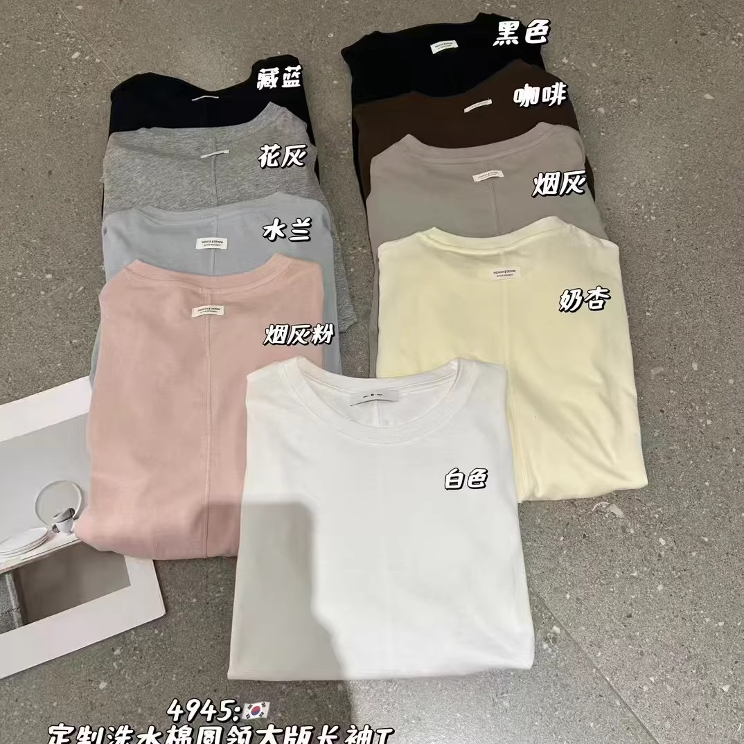 闰熙家4945-5定制水洗棉宽松大版圆领长袖T恤上衣女扣子设计百搭t
