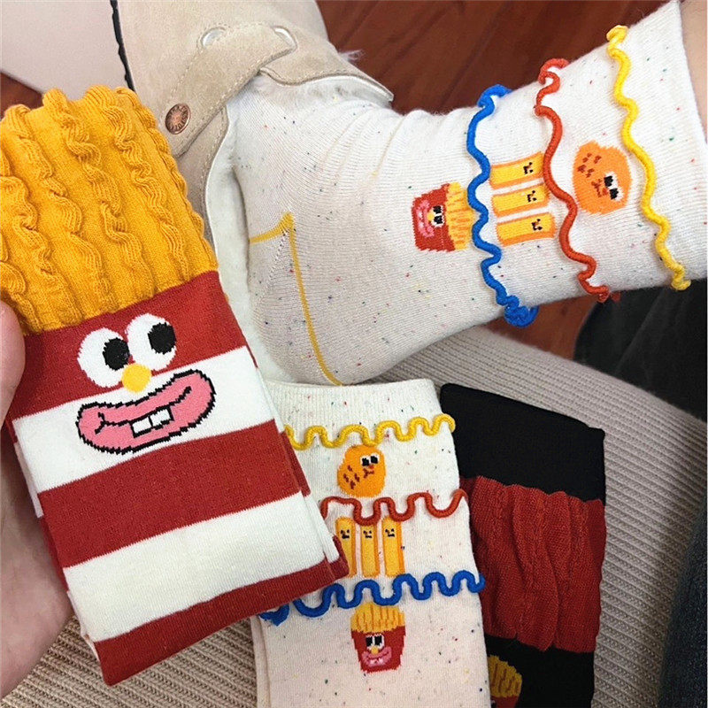 搞怪创意薯条汉堡面包卡通甜美可爱袜子潮堆堆百搭街头中筒棉袜