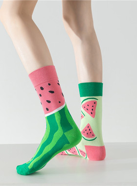 AB不对称图案鸳鸯袜子ins个性街头百搭日系卡通外穿棉中高筒袜女