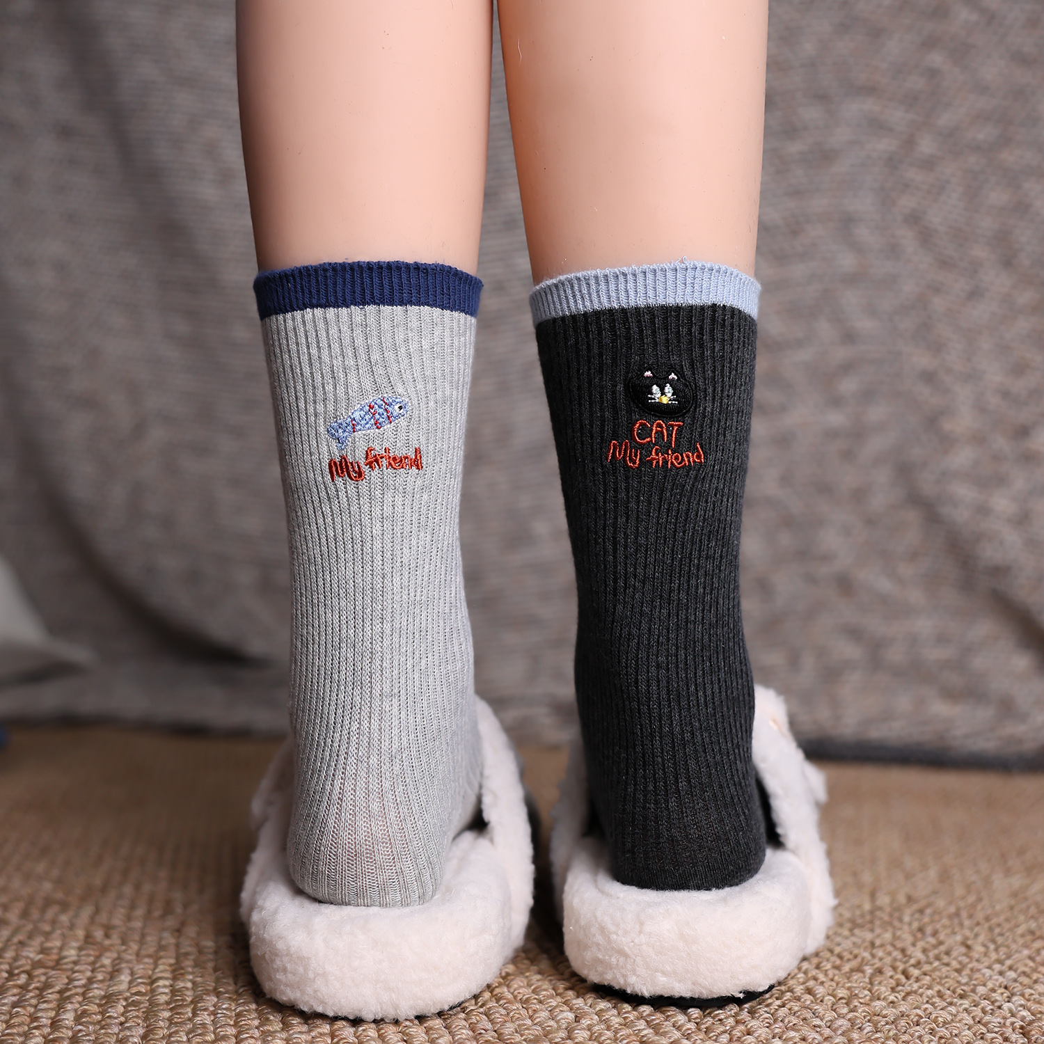 小猫吃鱼ab不对称袜子棉刺绣卡通ins复古中筒外穿街头个性百搭袜