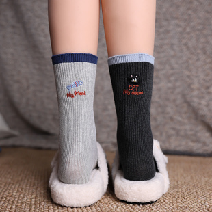小猫吃鱼ab不对称袜子棉刺绣卡通ins复古中筒外穿街头个性百搭袜