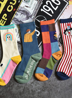 西部卡通世界插画棉袜男女袜子个性潮中筒ins百搭socks冬新原宿风