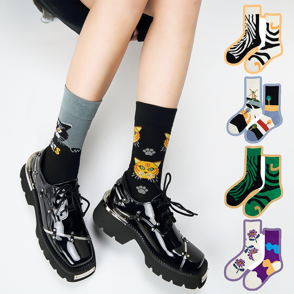 左右脚AB不对称袜子情侣袜小猫