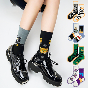 冬新左右脚AB不对称袜子情侣袜小猫斑马纹个性ins潮袜百搭外穿女