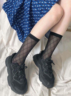 洛丽塔小腿袜暗纹网格短袜网红同款格子纹中筒袜jk长筒日系百搭