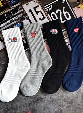 冬新毛巾底北极熊爱心刺绣袜子纯色中长筒袜日系潮百搭