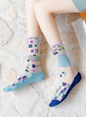 夏薄玻璃丝袜子几何花朵法国艺术丝袜女AB不对称中筒日系百搭ins