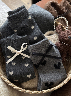 春加厚爱心波点蝴蝶结袜子女保暖灰色羊毛袜堆堆可爱百搭潮流个性