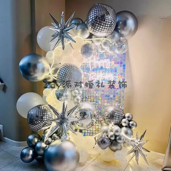 网红迪斯科镭射铝膜科技感气球银色KTV酒吧生日派对舞会装饰布置