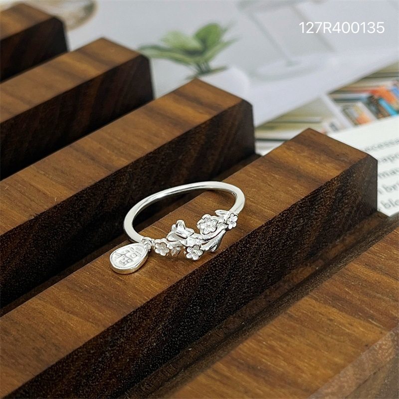 s990纯银戒指女福字花朵开口指环时尚个性百搭尾戒气质高级感手饰