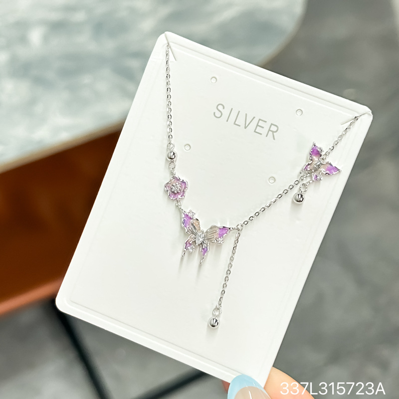 s925纯银项链女珐琅彩蝴蝶花朵流苏吊坠锁骨链时尚百搭高级感链坠