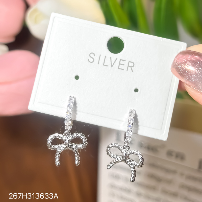 s925纯银耳环女款蝴蝶结超闪锆石耳钉时尚百搭气质耳扣高级感耳饰